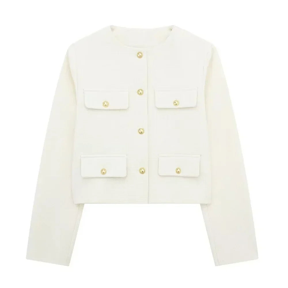 Women's Cropped Wool Blend Jacket with Gold Buttons