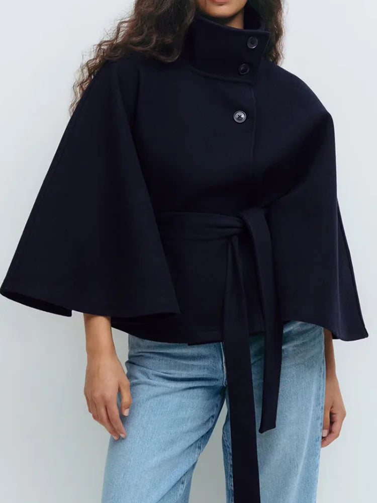 Leslie | Womens Wool Blend Cape Coat with Belted Waist | Stand Collar, Cape Sleeves | Navy, Black, Khaki and More S-2XL