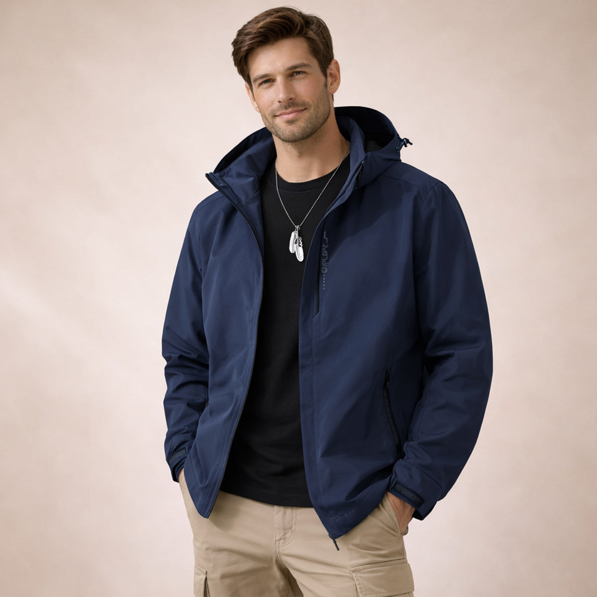 Men's Hooded Rain Jacket, Zip Front, Long Sleeves