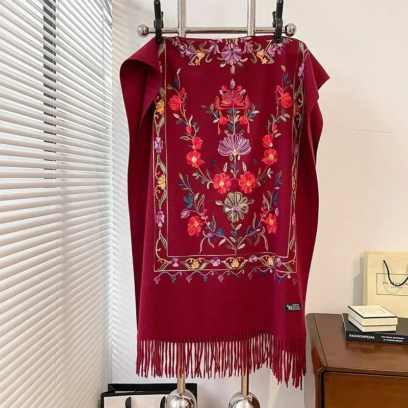 Women's Oversized Cashmere Wool Scarf | Floral Print with Fringed Edges | Winter Wrap in 6 Colors