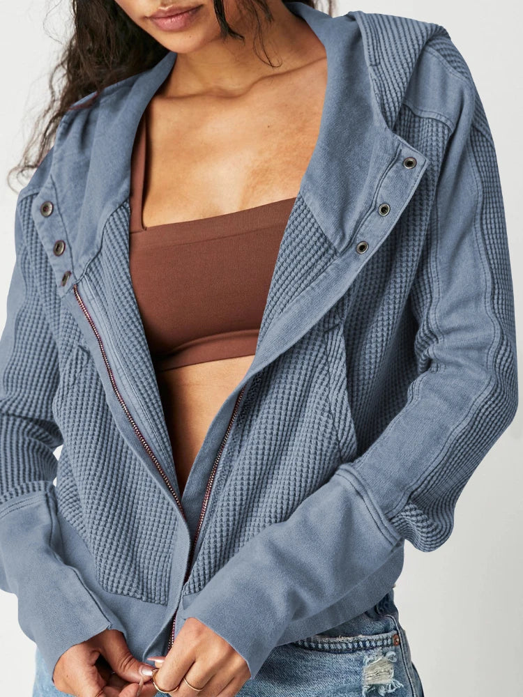 Christina | Womens Cropped Zip Hoodie in Waffle Cotton | Snug Hood, Textured Fabric | Pine, Blue and More S-XL