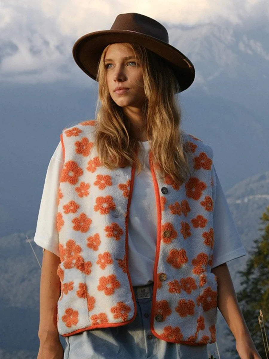 Chiara Floral Sherpa Button-Front Vest