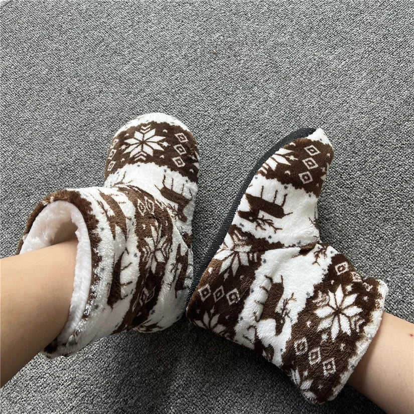 Women's Slipper Boots with Fold Over Cuffs | Plush Winter Slippers with a Snowflake and Reindeer Print | 7 Colors
