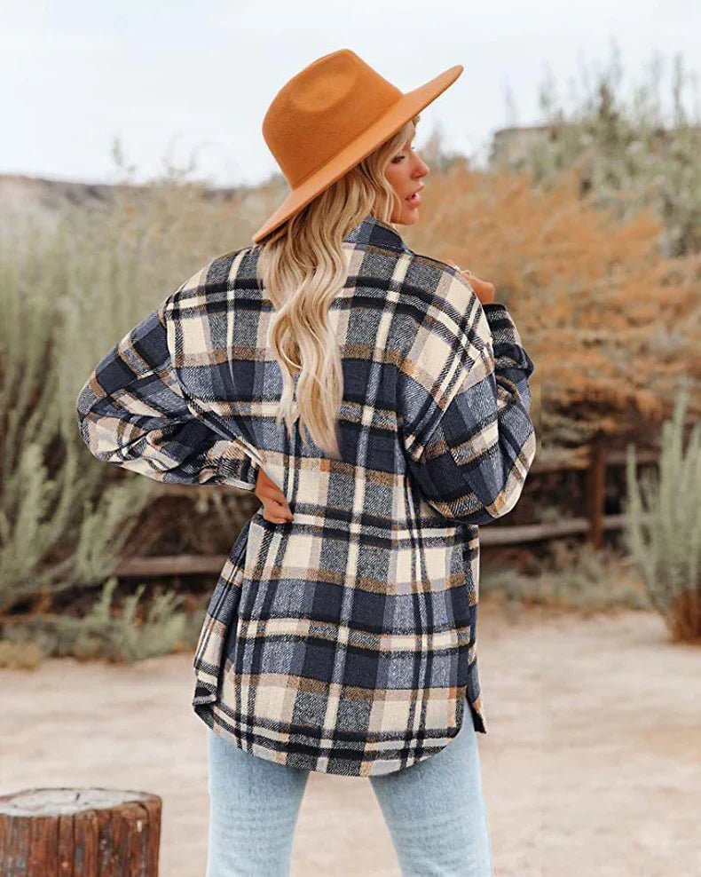 Women's Plaid Shacket with Button Front and Oversized Fit