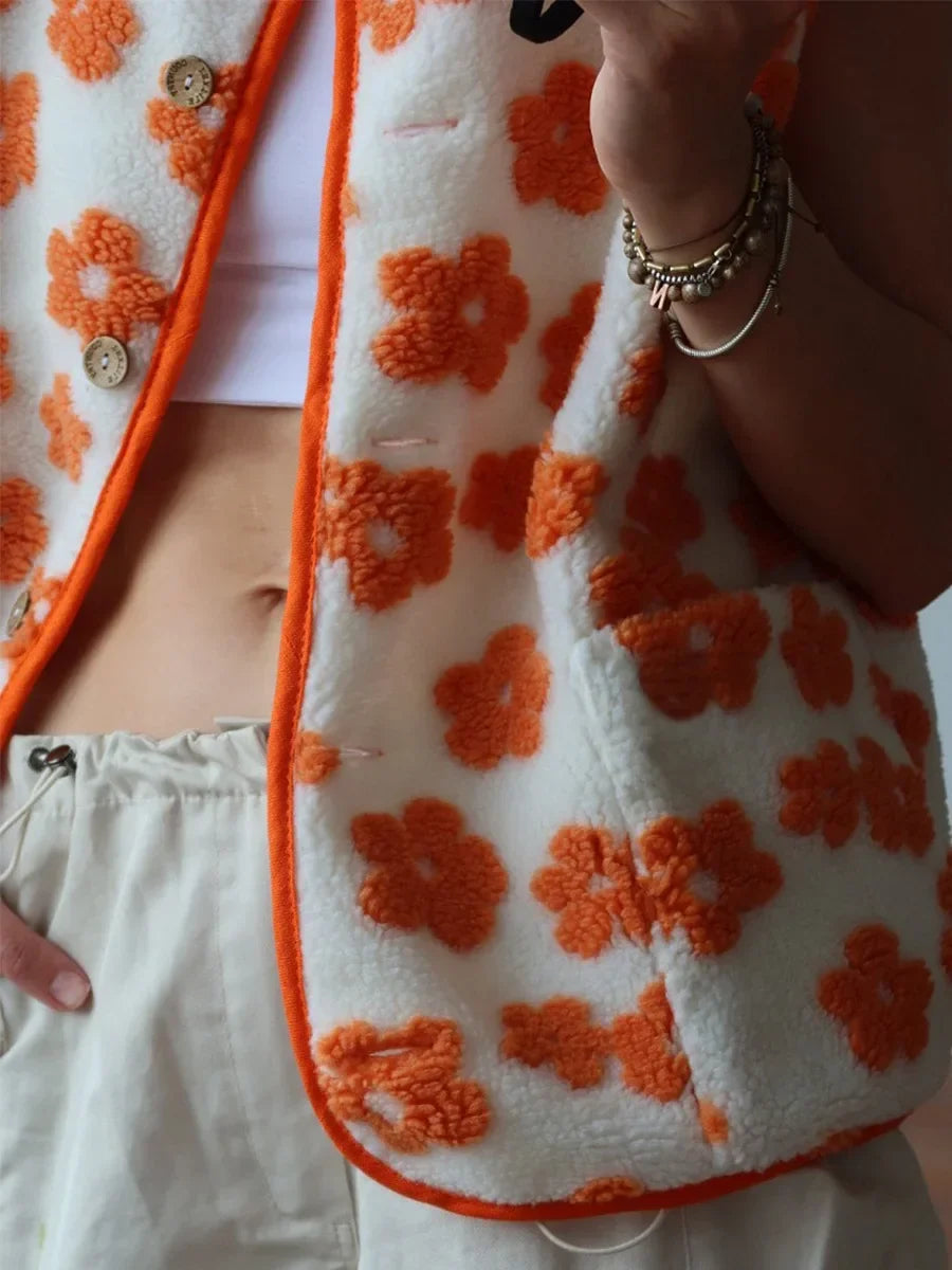 Chiara Floral Sherpa Button-Front Vest