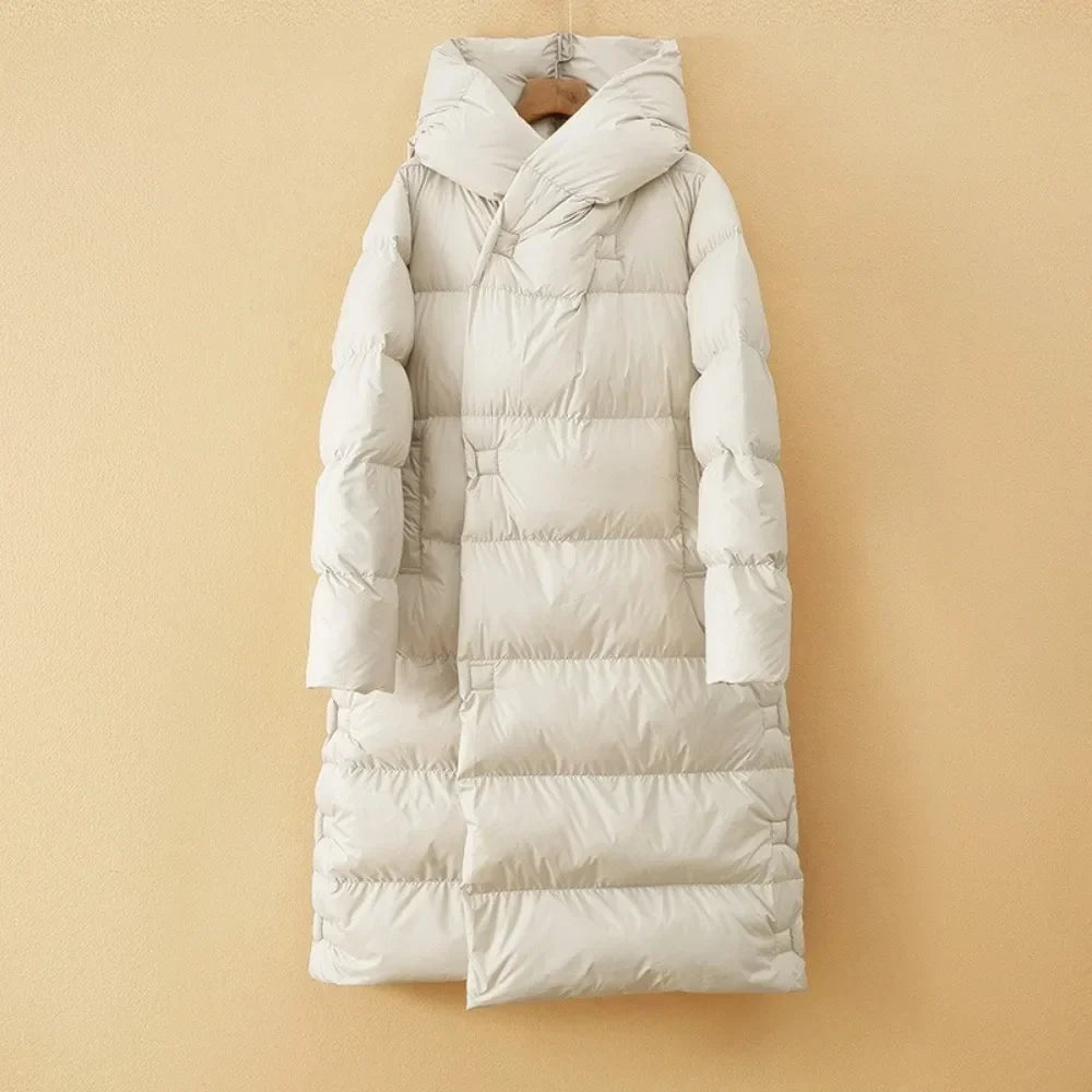 Autumn | Womens Long Down Parka with Hood | Duck Down Fill, Long Cut, Hidden Front Closure | Coffee, Black, White S-L