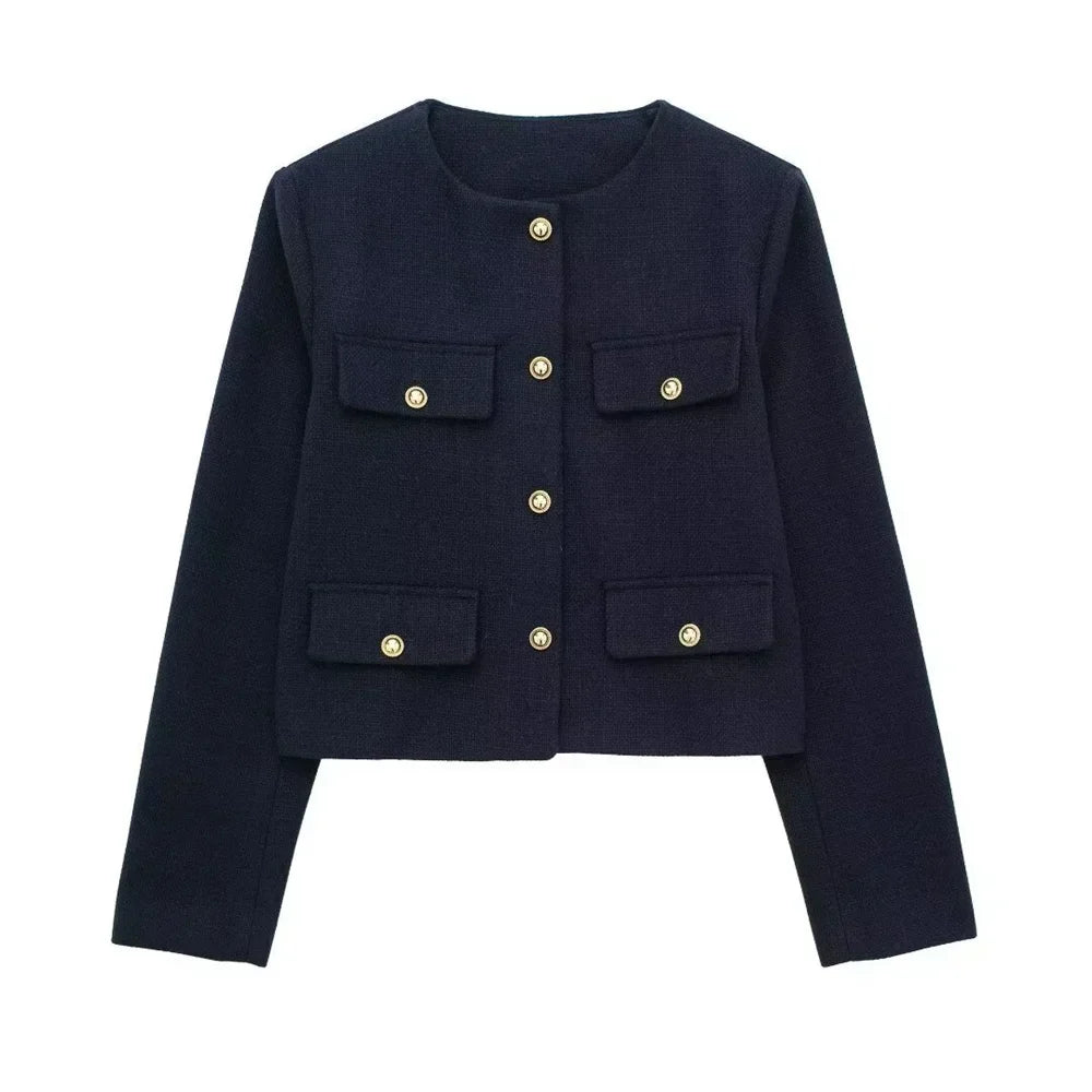 Women's Cropped Wool Blend Jacket with Gold Buttons