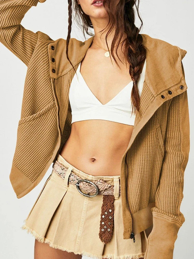 Christina | Womens Cropped Zip Hoodie in Waffle Cotton | Snug Hood, Textured Fabric | Pine, Blue and More S-XL