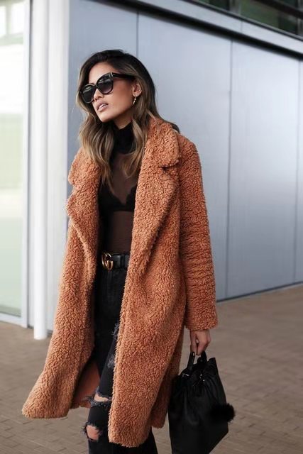 Sandra | Womens Long Teddy Coat in Soft Fleece | Long Length for Cold Days | Apricot, Black, Dark Gray and More S-3XL