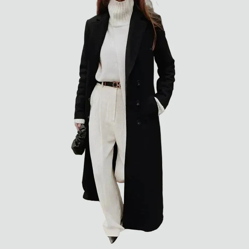 Women's Black Long Double-Breasted Coat, Notched Lapels