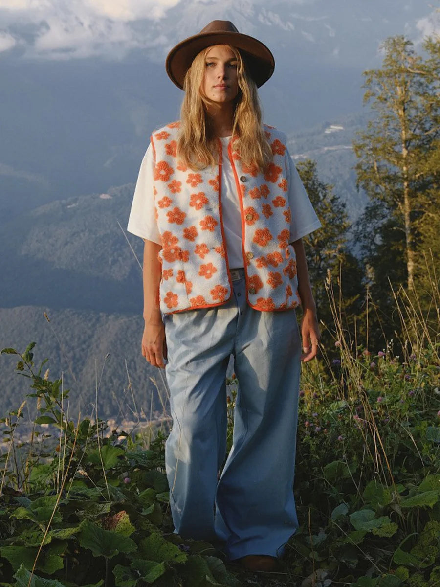 Chiara Floral Sherpa Button-Front Vest