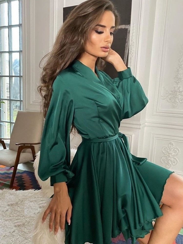 Women's Satin Mini Dress with Balloon Sleeves | Wrap Front, Tie Waist and Ruffled Hem | Sizes S to 2XL, 4 Colors
