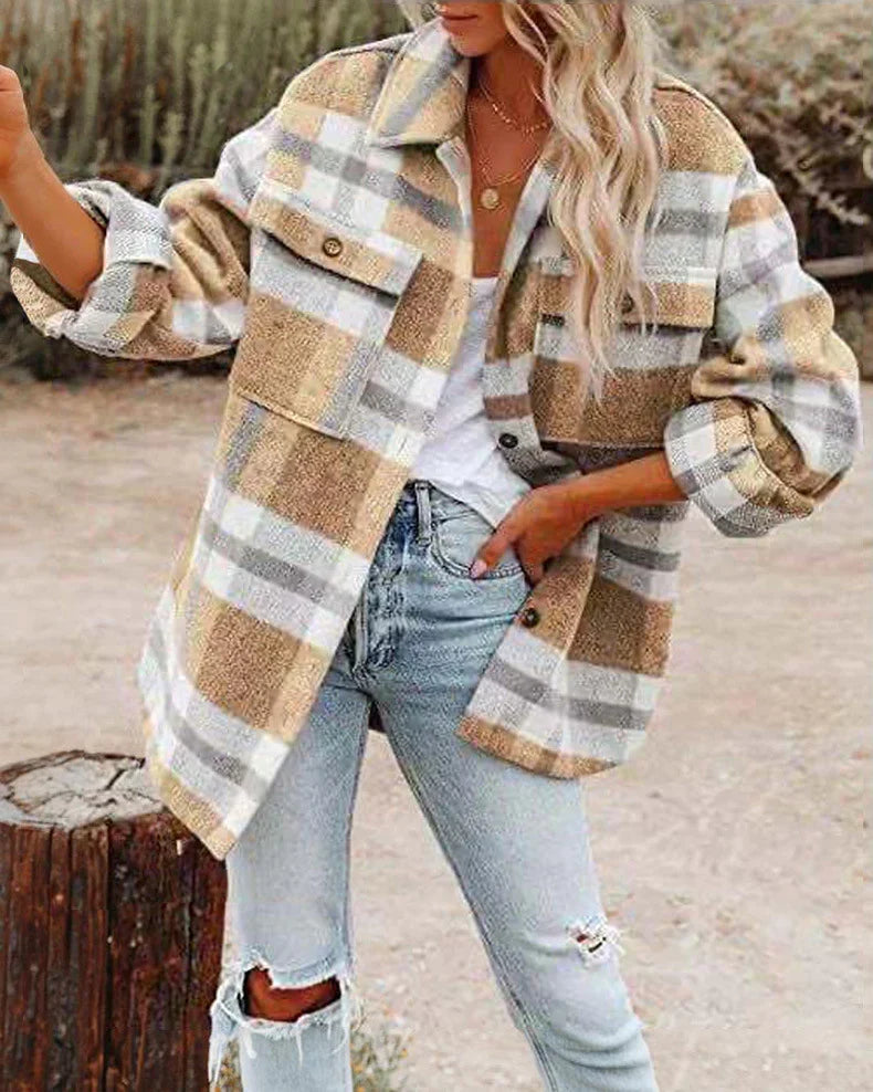 Women's Plaid Shacket with Button Front and Oversized Fit