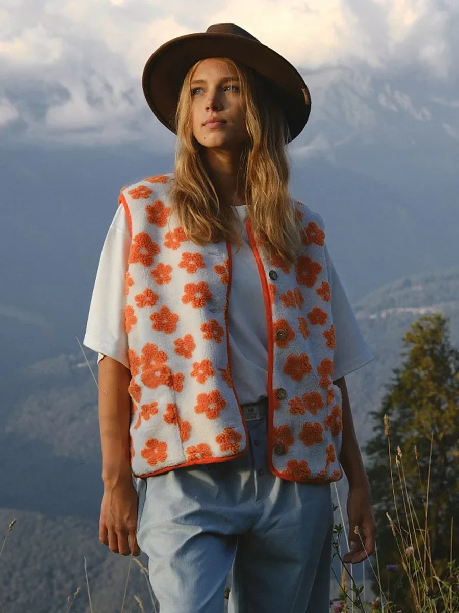Chiara Floral Sherpa Button-Front Vest