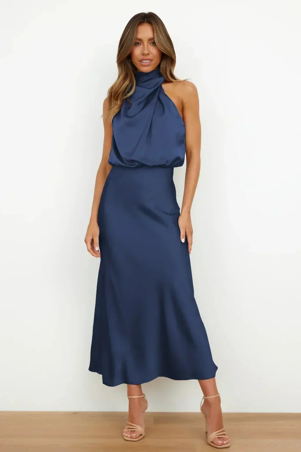 Women's Formal Wedding Guest Dress in Fluid Fabric | High Neck with Soft Sheen, Easy Movement | Size S-5XL, 9 Colors