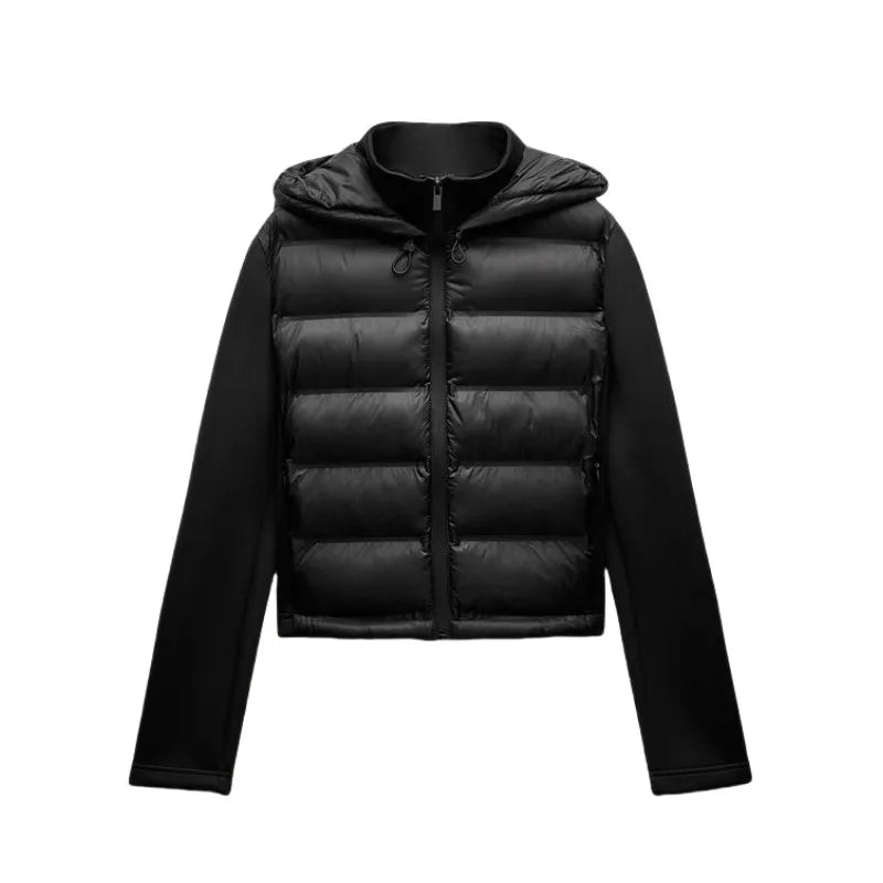 Women's Black Hooded Puffer Jacket, Cropped, Fitted, Zip