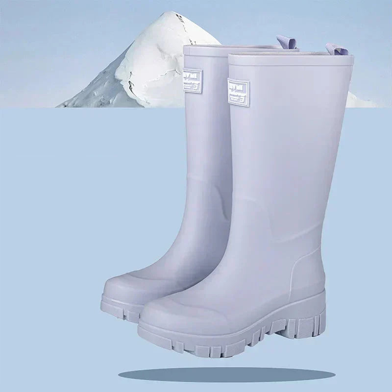 Women's Waterproof Boots in Molded Rubber | Block Heel, Mid Calf Shaft, Deep Treaded Outsole | Sizes 3.5-7.5, 4 Colors