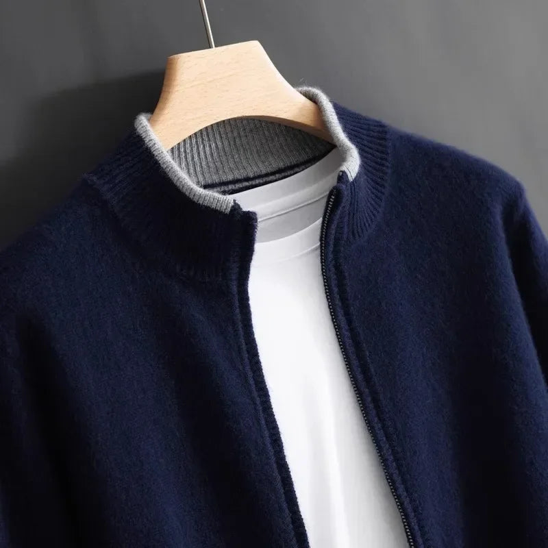 Unisex Knit Zip-Front Bomber Cardigan, Ribbed Collar