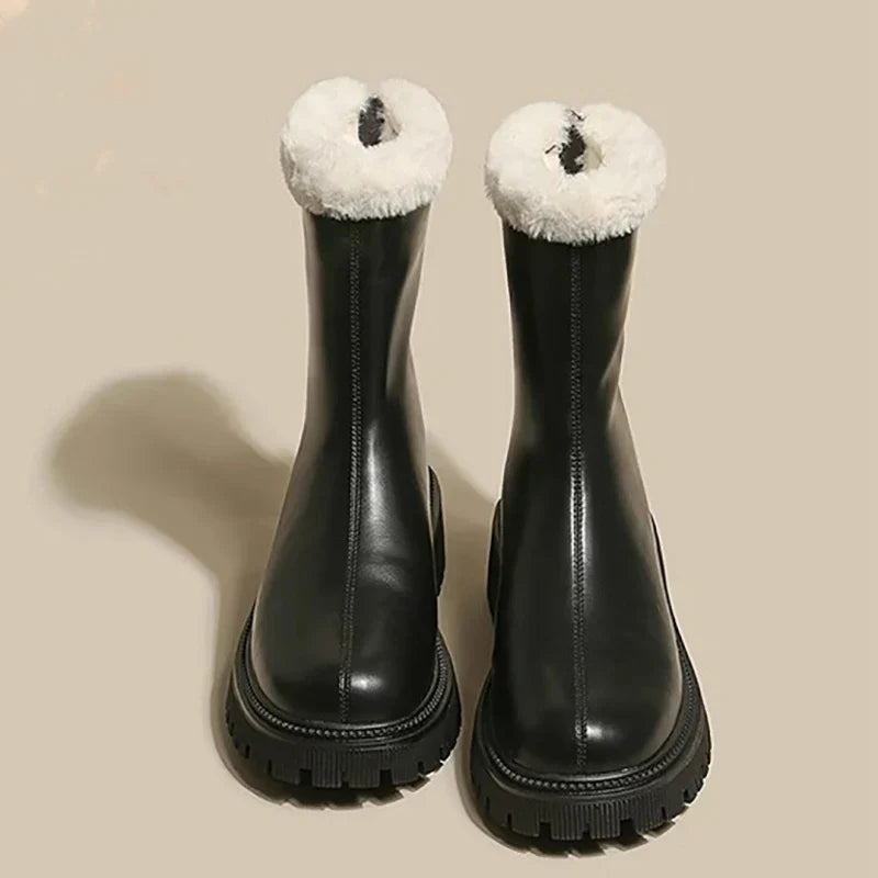 Blair | Womens Faux Fur Lined Winter Ankle Boots | Waterproof Finish, Chunky Tread Sole, Slip-On | Beige, Black 5-10