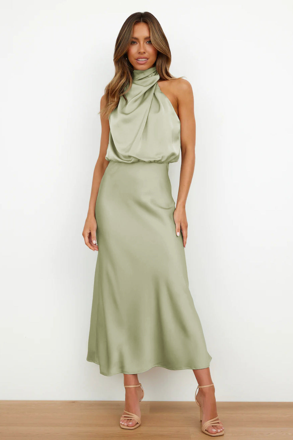 Women's Formal Wedding Guest Dress in Fluid Fabric | High Neck with Soft Sheen, Easy Movement | Size S-5XL, 9 Colors