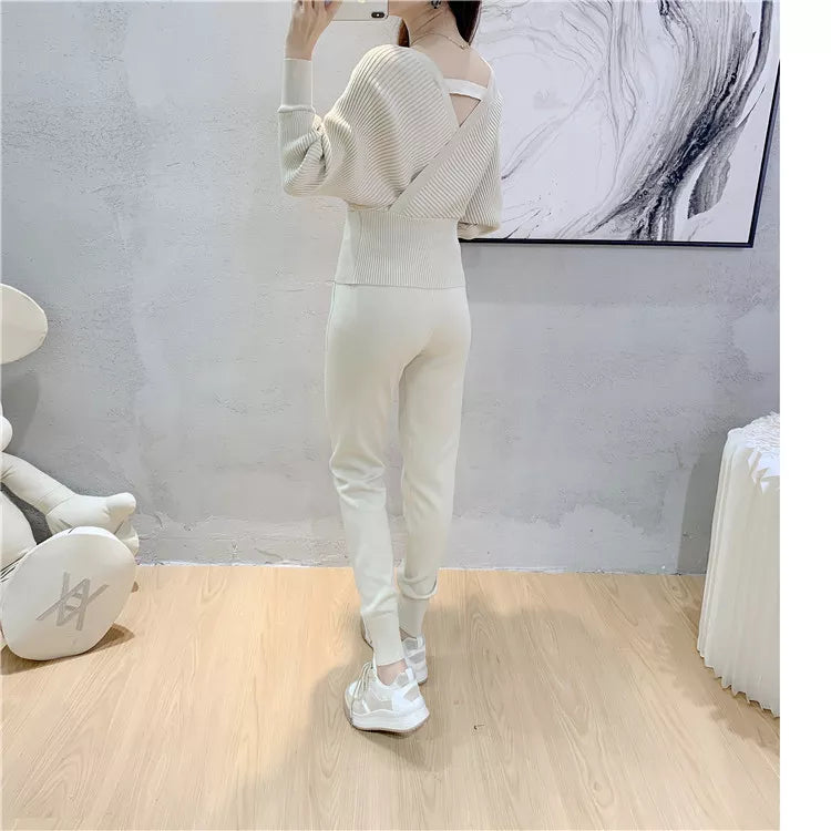 Women's Ribbed Knit Two-Piece Set with Backless Top