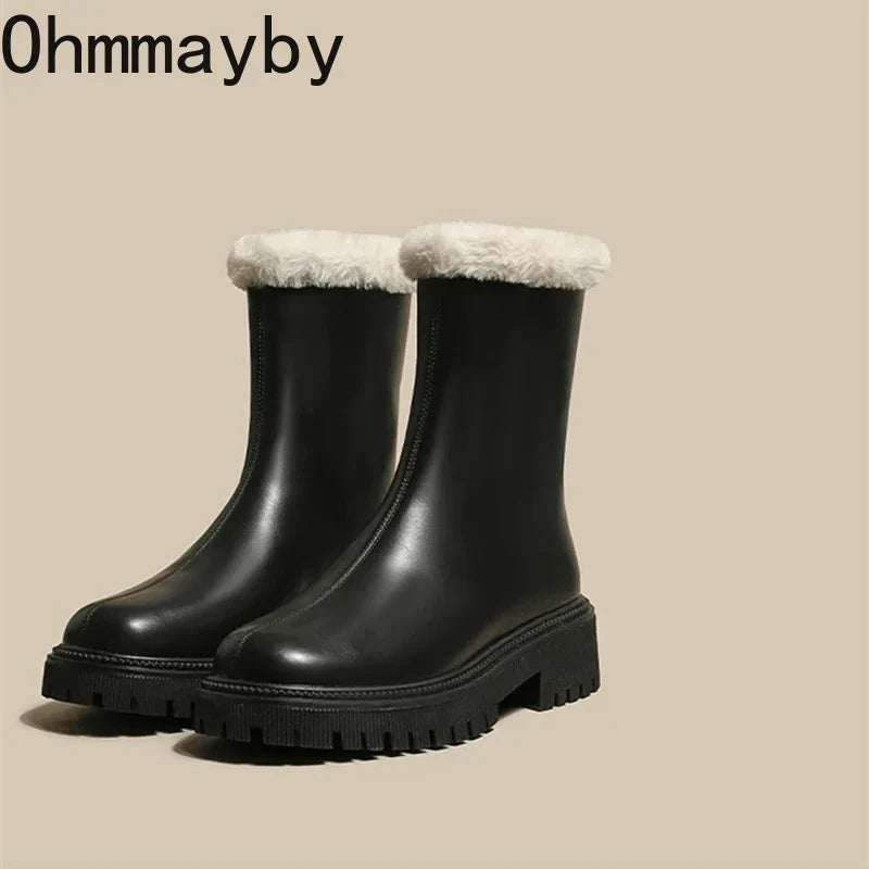 Blair | Womens Faux Fur Lined Winter Ankle Boots | Waterproof Finish, Chunky Tread Sole, Slip-On | Beige, Black 5-10