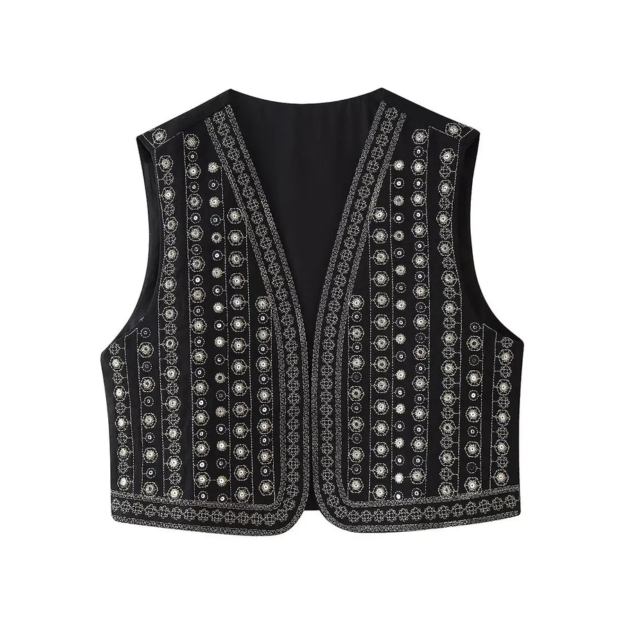 Women's Sequin-Embroidered Boho Vest, Cropped Cut