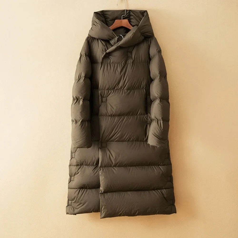 Autumn | Womens Long Down Parka with Hood | Duck Down Fill, Long Cut, Hidden Front Closure | Coffee, Black, White S-L