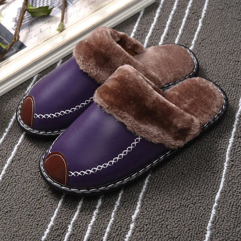 Women's Winter Slippers with a Leather Upper | Closed Toe Mules with a Plush Collar and an Open Back | 7 Colors