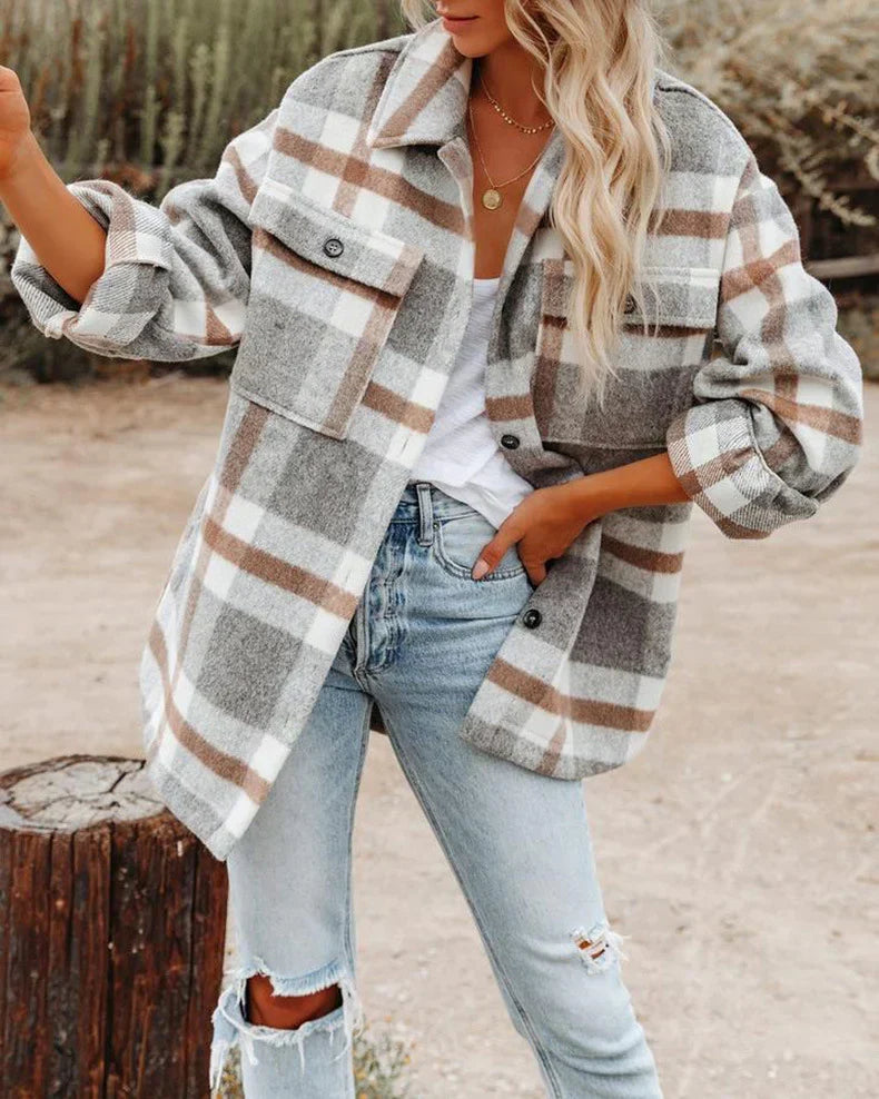 Women's Plaid Shacket with Button Front and Oversized Fit