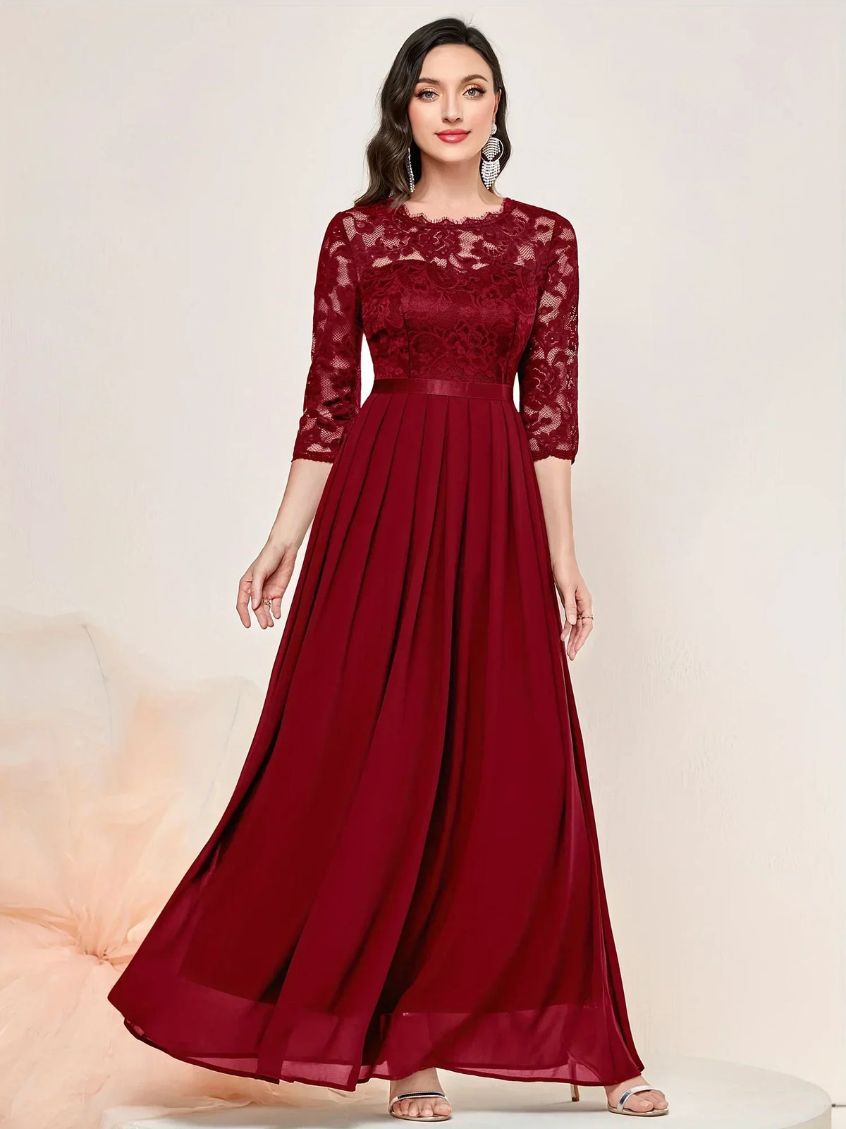 Women's Lace Overlay Maxi Dress with 3/4 Sleeves | Pleated Floor Length Skirt | Size S-2XL, 4 Colors
