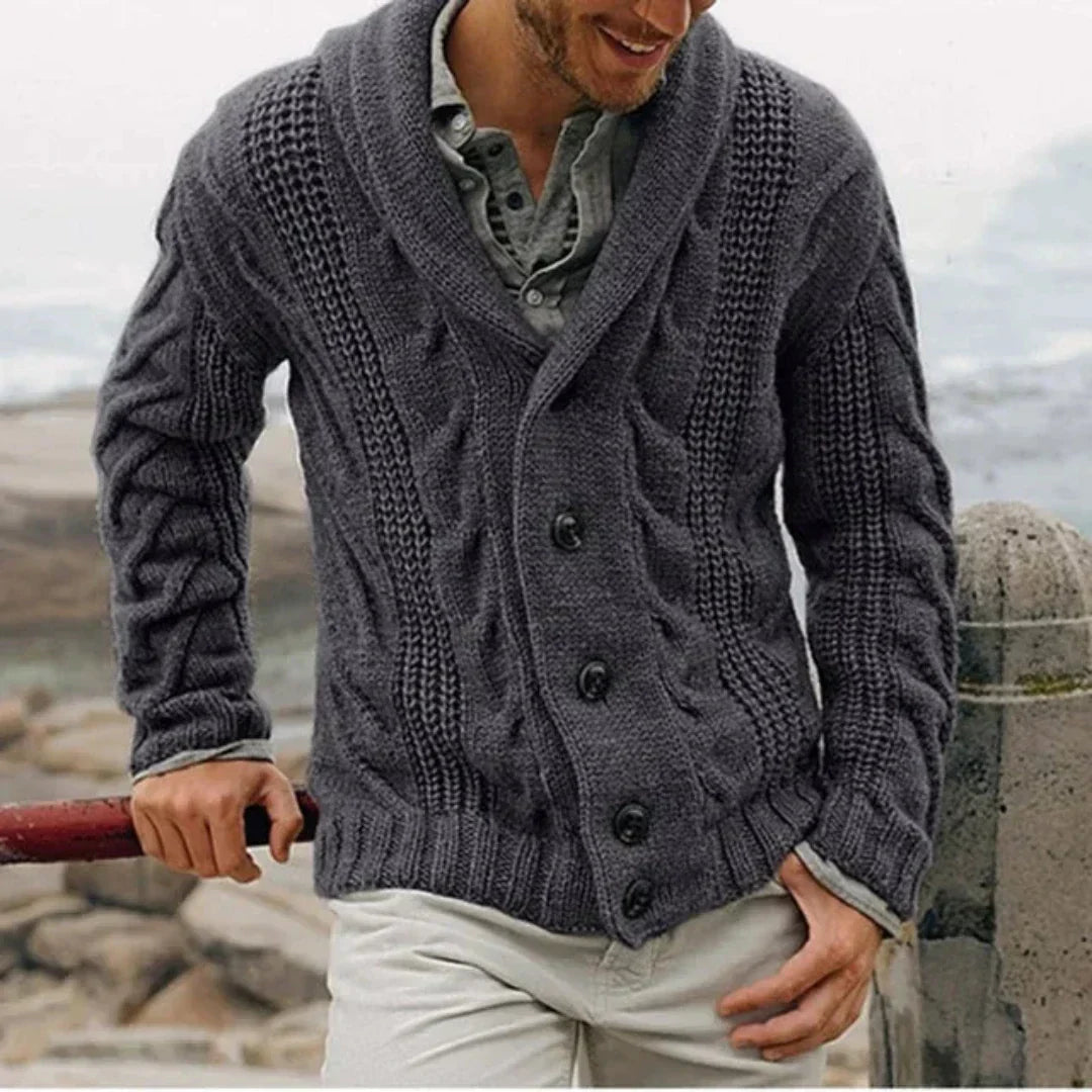 James | Mens Shawl Collar Cable Knit Cardigan | Button Front, Relaxed Fit | Dark Blue, Brown, Gray and More S-2XL