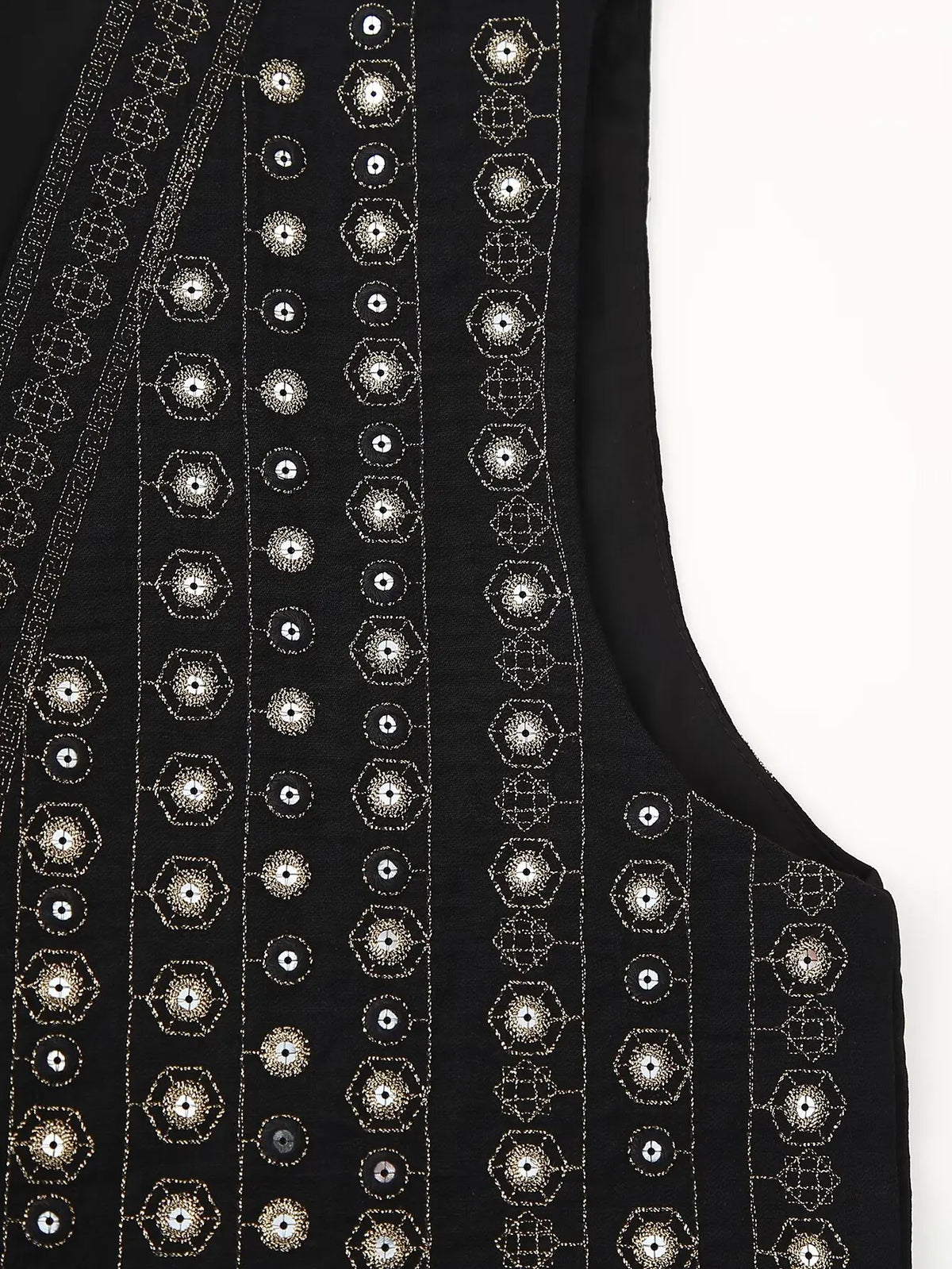 Women's Sequin-Embroidered Boho Vest, Cropped Cut | Hand-Stitched Sparkle, Open-Front Design | Black | Sizes S–L