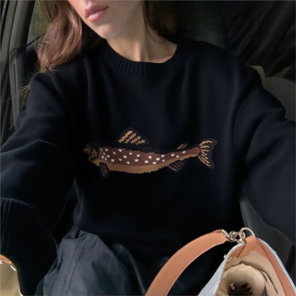 Hadley | Womens Half-Zip Knit Sweater with Fish Pattern | Wool-Blend, Ribbed Cuffs | Forest Green, Black and More XS-XL
