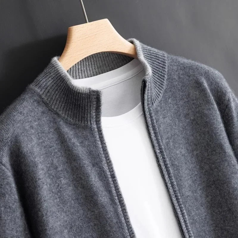 Unisex Knit Zip-Front Bomber Cardigan, Ribbed Collar