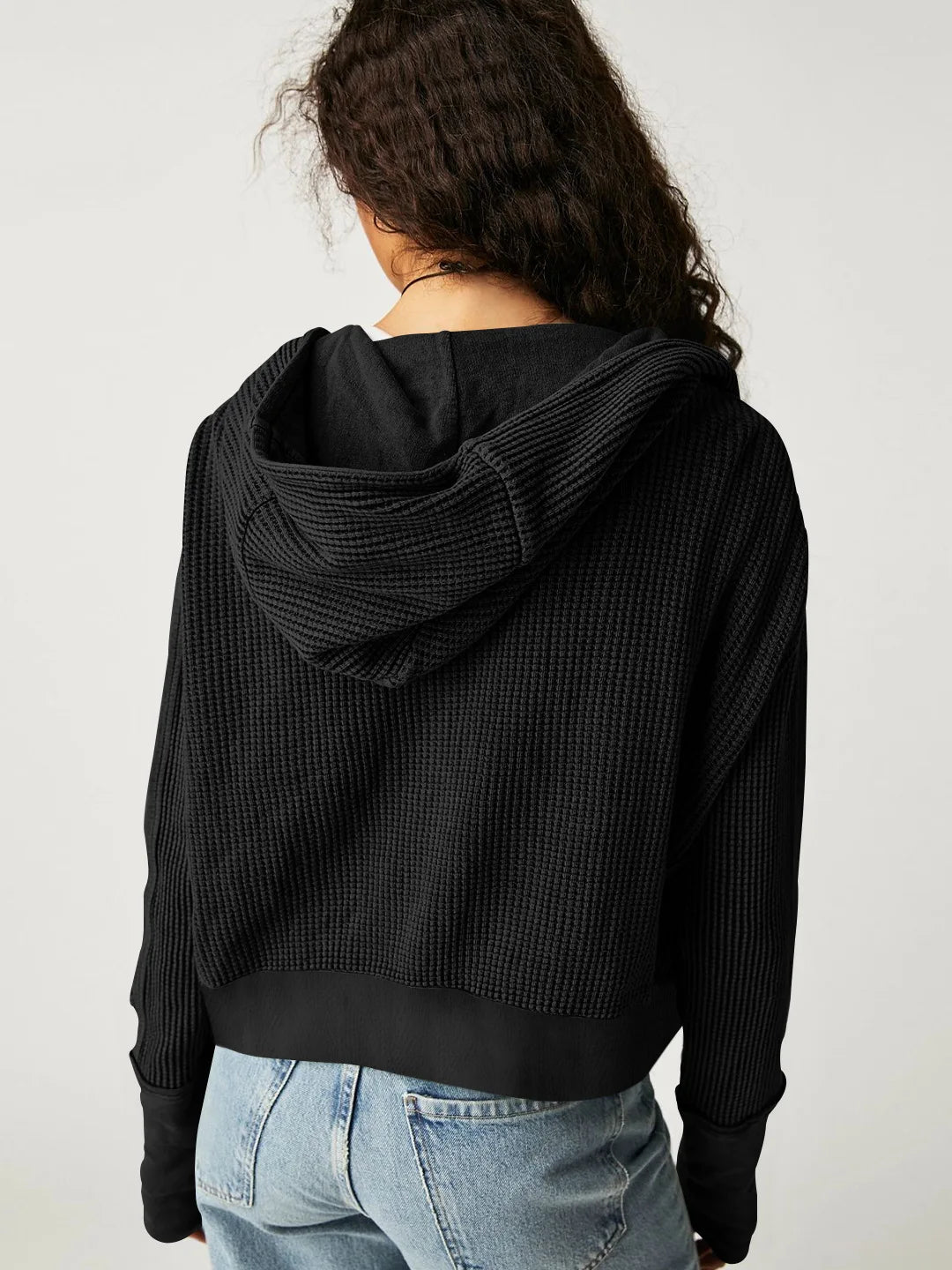 Christina | Womens Cropped Zip Hoodie in Waffle Cotton | Snug Hood, Textured Fabric | Pine, Blue and More S-XL