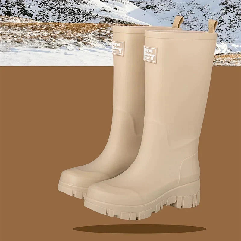 Women's Waterproof Boots in Molded Rubber | Block Heel, Mid Calf Shaft, Deep Treaded Outsole | Sizes 3.5-7.5, 4 Colors