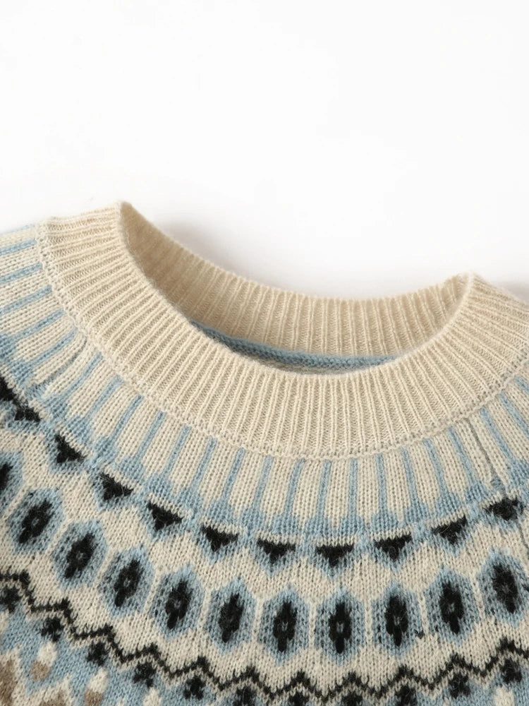 Carrie | Womens Fair Isle Cashmere Sweater with Mock Neck | Jacquard Knit Pattern, Standard Fit | Camel, Pink, Sky S-XL