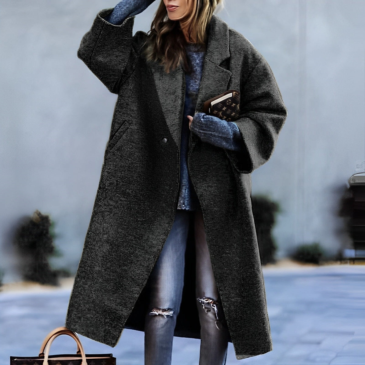 Women's Long Lapel Coat, Single Button, Front Pockets