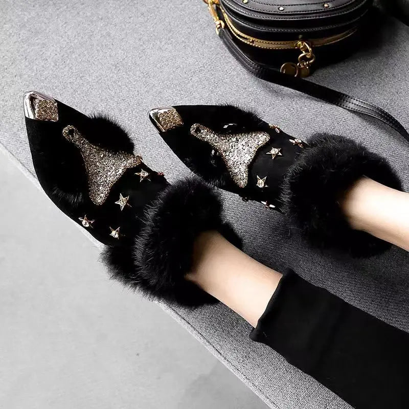 Women's Pointed Toe Ankle Boots with Faux Fur Trim | Rhinestone Detailing, Metal Cap and Block Heel | 2 Colors