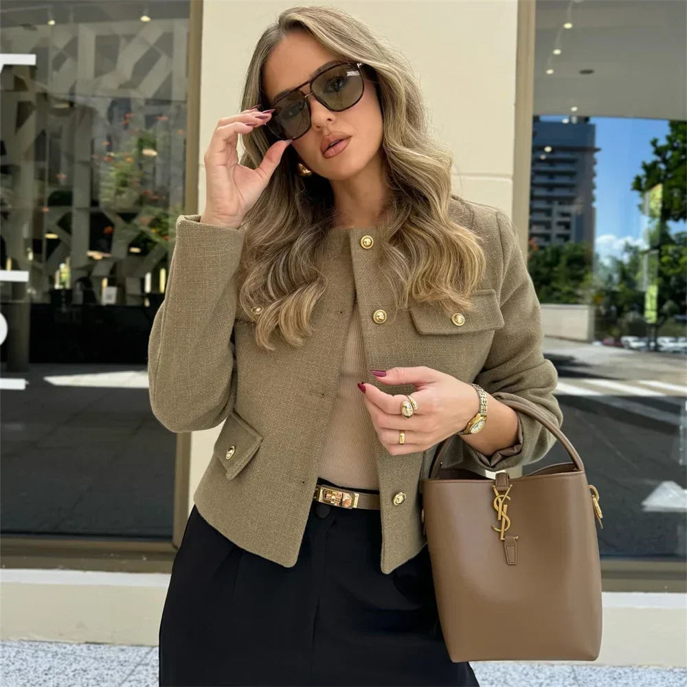 Women's Cropped Wool Blend Jacket with Gold Buttons