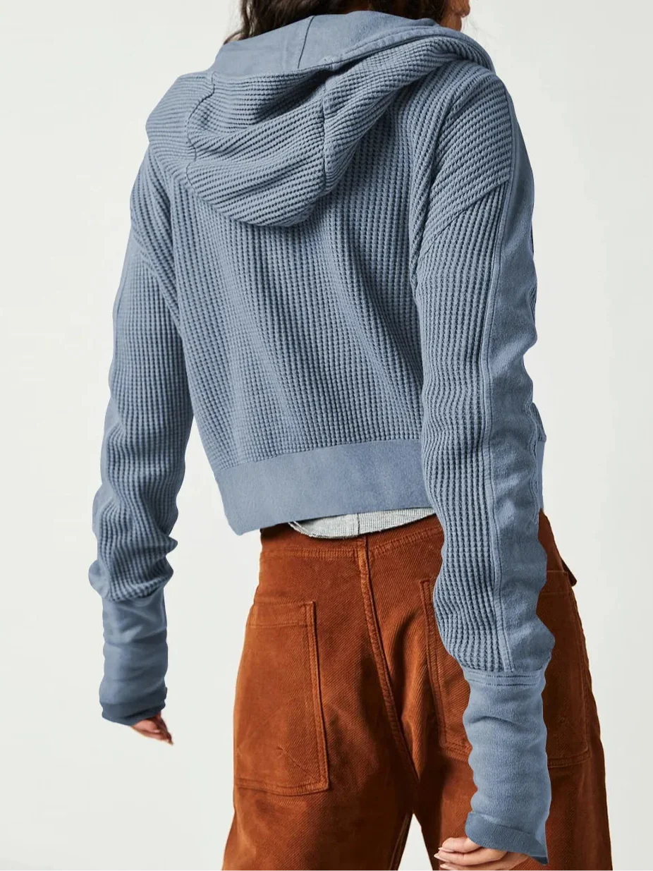 Christina | Womens Cropped Zip Hoodie in Waffle Cotton | Snug Hood, Textured Fabric | Pine, Blue and More S-XL