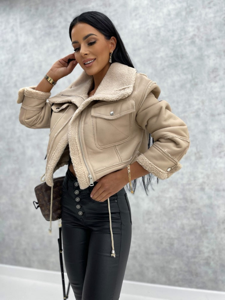 Women's Faux Leather Winter Coat – Zip-Up Pocket Jacket