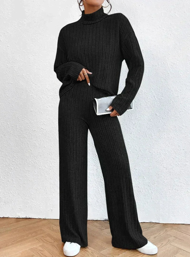 Women's Ribbed Turtleneck Sweater and Wide-Leg Pants Set