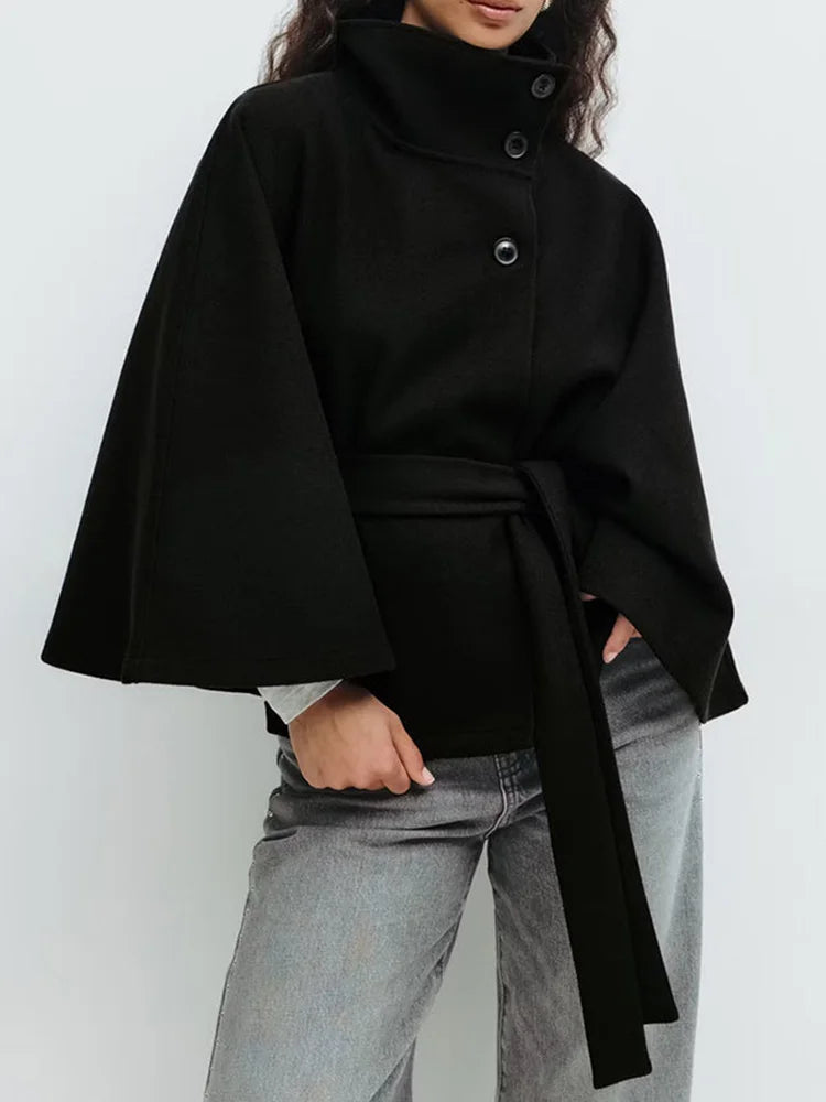 Leslie | Womens Wool Blend Cape Coat with Belted Waist | Stand Collar, Cape Sleeves | Navy, Black, Khaki and More S-2XL