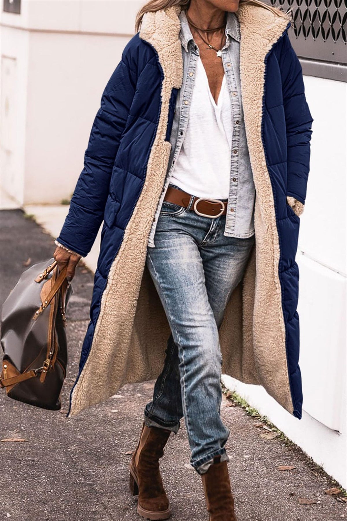Angela | Womens Longline Puffer Coat with Sherpa Lining | Quilted, Open Front, Side Pockets | Brown, Black and More S-3XL