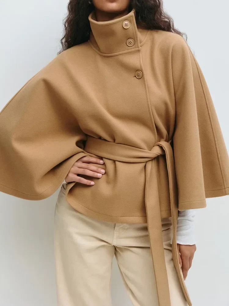 Leslie | Womens Wool Blend Cape Coat with Belted Waist | Stand Collar, Cape Sleeves | Navy, Black, Khaki and More S-2XL