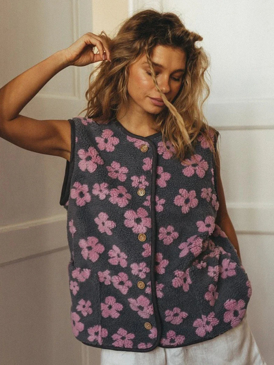 Chiara Floral Sherpa Button-Front Vest