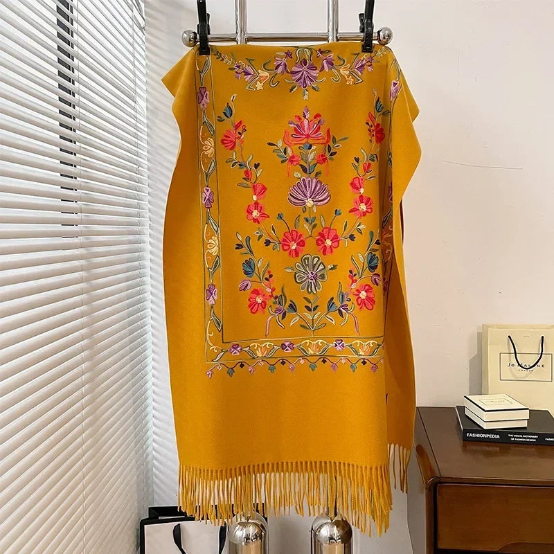 Women's Oversized Cashmere Wool Scarf | Floral Print with Fringed Edges | Winter Wrap in 6 Colors