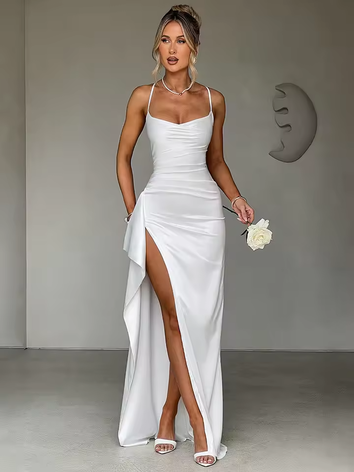 Women's Satin Formal Maxi Dress with High Slit